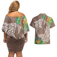Polynesia Couples Matching Off Shoulder Short Dress and Hawaiian Shirt Sharks Duo Tropical Brown