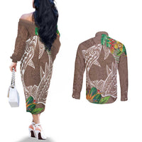 Polynesia Couples Matching Off The Shoulder Long Sleeve Dress and Long Sleeve Button Shirt Sharks Duo Tropical Brown