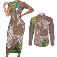Polynesia Couples Matching Short Sleeve Bodycon Dress and Long Sleeve Button Shirt Sharks Duo Tropical Brown