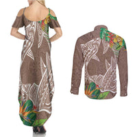 Polynesia Couples Matching Summer Maxi Dress and Long Sleeve Button Shirt Sharks Duo Tropical Brown