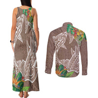 Polynesia Couples Matching Tank Maxi Dress and Long Sleeve Button Shirt Sharks Duo Tropical Brown