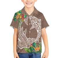 Polynesia Family Matching Long Sleeve Bodycon Dress and Hawaiian Shirt Sharks Duo Tropical Brown