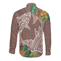 Polynesia Long Sleeve Button Shirt Sharks Duo Tropical Brown
