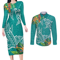Polynesia Couples Matching Long Sleeve Bodycon Dress and Long Sleeve Button Shirt Sharks Duo Tropical Teal