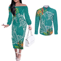 Polynesia Couples Matching Off The Shoulder Long Sleeve Dress and Long Sleeve Button Shirt Sharks Duo Tropical Teal
