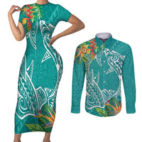 Polynesia Couples Matching Short Sleeve Bodycon Dress and Long Sleeve Button Shirt Sharks Duo Tropical Teal