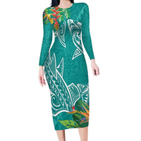 Polynesia Family Matching Long Sleeve Bodycon Dress and Hawaiian Shirt Sharks Duo Tropical Teal