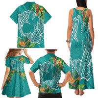 Polynesia Family Matching Tank Maxi Dress and Hawaiian Shirt Sharks Duo Tropical Teal