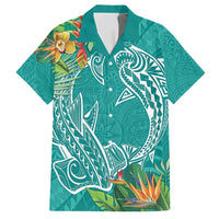 Polynesia Family Matching Tank Maxi Dress and Hawaiian Shirt Sharks Duo Tropical Teal