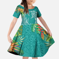 Polynesia Kid Short Sleeve Dress Sharks Duo Tropical Teal LT7 KID Teal - Polynesian Pride