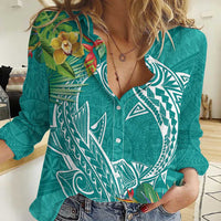 Polynesia Women Casual Shirt Sharks Duo Tropical Teal LT7 Female Teal - Polynesian Pride