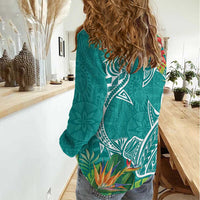 Polynesia Women Casual Shirt Sharks Duo Tropical Teal LT7 - Polynesian Pride