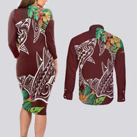 Polynesia Couples Matching Long Sleeve Bodycon Dress and Long Sleeve Button Shirt Sharks Duo Tropical Oxblood
