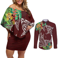 Polynesia Couples Matching Off Shoulder Short Dress and Long Sleeve Button Shirt Sharks Duo Tropical Oxblood