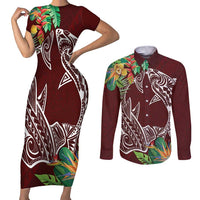 Polynesia Couples Matching Short Sleeve Bodycon Dress and Long Sleeve Button Shirt Sharks Duo Tropical Oxblood