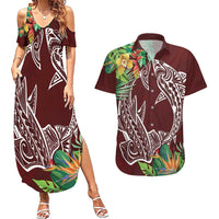 Polynesia Couples Matching Summer Maxi Dress and Hawaiian Shirt Sharks Duo Tropical Oxblood