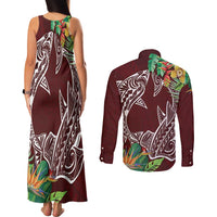Polynesia Couples Matching Tank Maxi Dress and Long Sleeve Button Shirt Sharks Duo Tropical Oxblood