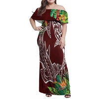 Polynesia Family Matching Off Shoulder Maxi Dress and Hawaiian Shirt Sharks Duo Tropical Oxblood