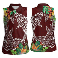 Polynesia Women Sleeveless Polo Shirt Sharks Duo Tropical Oxblood LT7 - Polynesian Pride