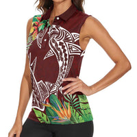 Polynesia Women Sleeveless Polo Shirt Sharks Duo Tropical Oxblood LT7 - Polynesian Pride