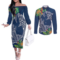 Polynesia Couples Matching Off The Shoulder Long Sleeve Dress and Long Sleeve Button Shirt Sharks Duo Tropical Navy