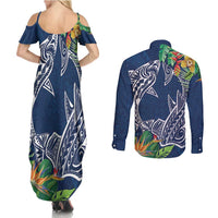 Polynesia Couples Matching Summer Maxi Dress and Long Sleeve Button Shirt Sharks Duo Tropical Navy