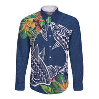 Polynesia Long Sleeve Button Shirt Sharks Duo Tropical Navy
