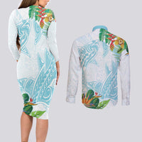 Polynesia Couples Matching Long Sleeve Bodycon Dress and Long Sleeve Button Shirt Sharks Duo Tropical Turquoise
