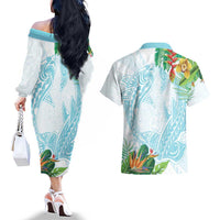 Polynesia Couples Matching Off The Shoulder Long Sleeve Dress and Hawaiian Shirt Sharks Duo Tropical Turquoise