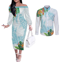 Polynesia Couples Matching Off The Shoulder Long Sleeve Dress and Long Sleeve Button Shirt Sharks Duo Tropical Turquoise