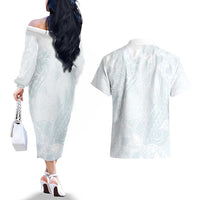 Polynesia Couples Matching Off The Shoulder Long Sleeve Dress and Hawaiian Shirt Sharks Duo Tropical Off White