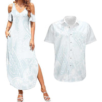 Polynesia Couples Matching Summer Maxi Dress and Hawaiian Shirt Sharks Duo Tropical Off White