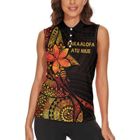 Niue Fakaalofa Atu Personalised Women Sleeveless Polo Shirt Whale Hiapo Fiery Motif LT7 - Polynesian Pride