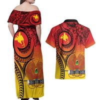 Papua New Guinea 50 Years Couples Matching Off Shoulder Maxi Dress and Hawaiian Shirt Motuan Motifs