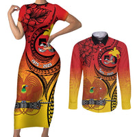 Papua New Guinea 50 Years Couples Matching Short Sleeve Bodycon Dress and Long Sleeve Button Shirt Motuan Motifs