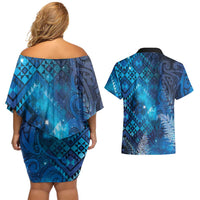 Aotearoa Taniko Matariki Couples Matching Off Shoulder Short Dress and Hawaiian Shirt Cosmic Blue