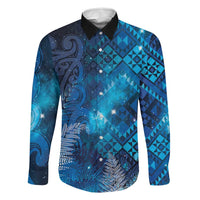 Aotearoa Taniko Matariki Family Matching Off Shoulder Short Dress and Hawaiian Shirt Cosmic Blue LT7 Dad's Shirt - Long Sleeve Blue - Polynesian Pride