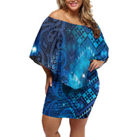 Aotearoa Taniko Matariki Family Matching Off Shoulder Short Dress and Hawaiian Shirt Cosmic Blue LT7 Mom's Dress Blue - Polynesian Pride