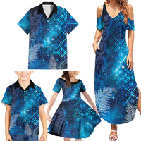 Aotearoa Taniko Matariki Family Matching Summer Maxi Dress and Hawaiian Shirt Cosmic Blue
