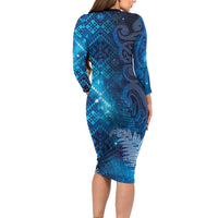 Aotearoa Taniko Matariki Long Sleeve Bodycon Dress Cosmic Blue LT7 - Polynesian Pride