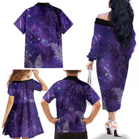 Aotearoa Taniko Matariki Family Matching Off The Shoulder Long Sleeve Dress and Hawaiian Shirt Cosmic Violet