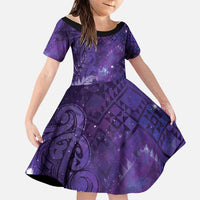 Aotearoa Taniko Matariki Family Matching Off Shoulder Maxi Dress and Hawaiian Shirt Cosmic Violet LT7 Daughter's Dress Purple - Polynesian Pride