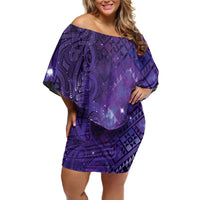 Aotearoa Taniko Matariki Family Matching Off Shoulder Short Dress and Hawaiian Shirt Cosmic Violet LT7 Mom's Dress Purple - Polynesian Pride