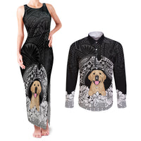 Personalised Dog Couples Matching Tank Maxi Dress and Long Sleeve Button Shirts Golden Retriever With Polynesian Tapa Arch LT7 Black - Polynesian Pride