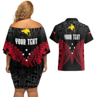Personalised PNG Couples Matching Off Shoulder Short Dress and Hawaiian Shirt Papua Motuan Mirror Style LT7 - Polynesian Pride