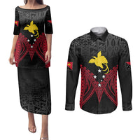 Personalised PNG Couples Matching Puletasi Dress and Long Sleeve Button Shirts Papua Motuan Mirror Style LT7 Black - Polynesian Pride
