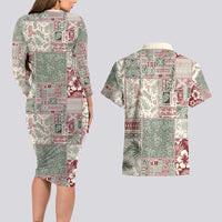 Aloha Hawaii Pastel Christmas Patchwork Couples Matching Long Sleeve Bodycon Dress and Hawaiian Shirt Classic Style - Polynesian Pride