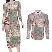 Aloha Hawaii Pastel Christmas Patchwork Couples Matching Long Sleeve Bodycon Dress and Long Sleeve Button Shirt Classic Style - Polynesian Pride