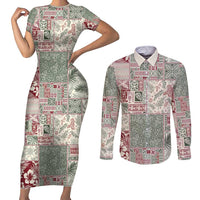 Aloha Hawaii Pastel Christmas Patchwork Couples Matching Short Sleeve Bodycon Dress and Long Sleeve Button Shirt Classic Style - Polynesian Pride