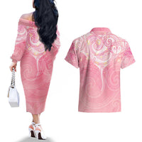 Breast Cancer Awareness Maori Aotearoa Couples Matching Off The Shoulder Long Sleeve Dress and Hawaiian Shirt Manta Ray - Pink Glaze - Polynesian Pride